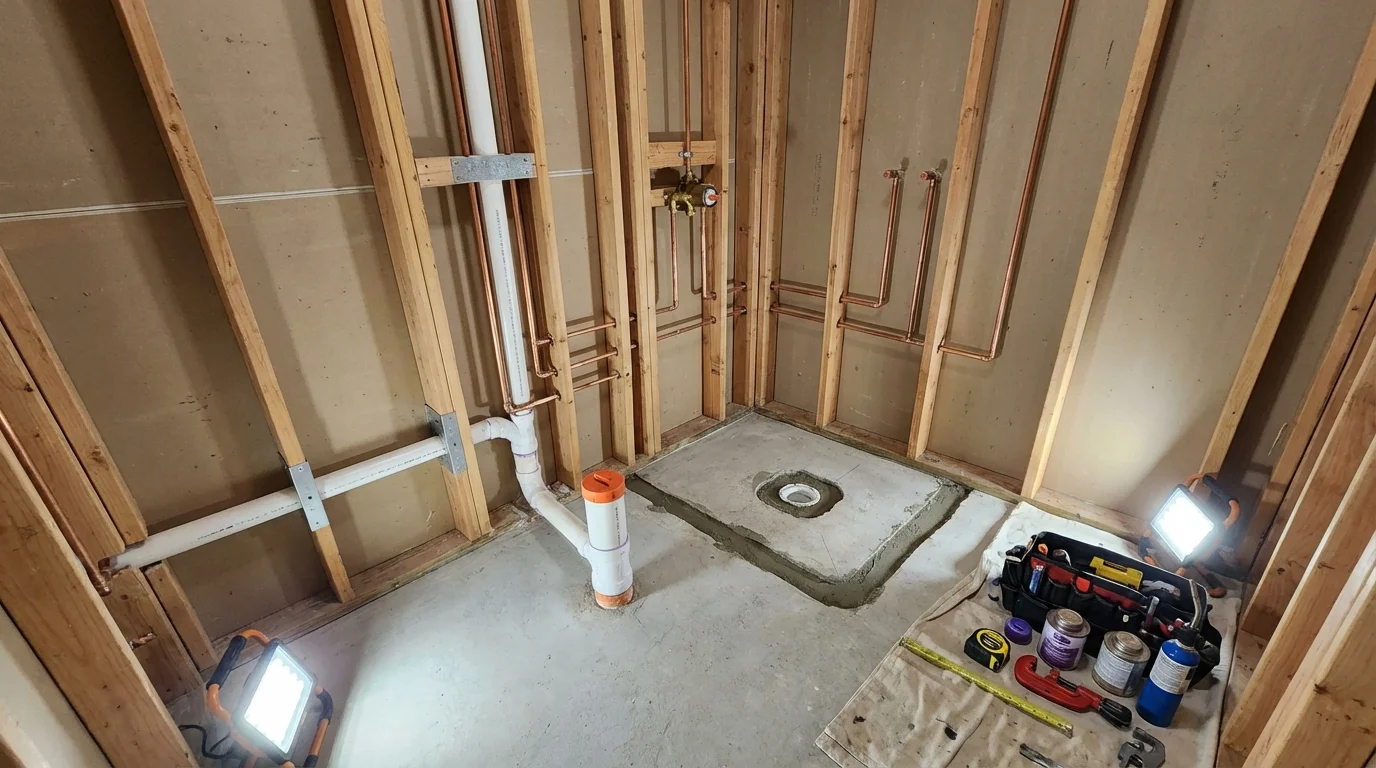 Bathroom rough-in plumbing during remodel by Johns Plumbing LLC in Lockeford
