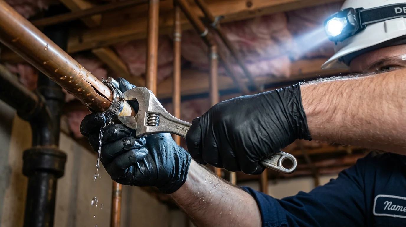 Emergency pipe clamp repair being performed by a Johns Plumbing LLC plumber in Lockeford