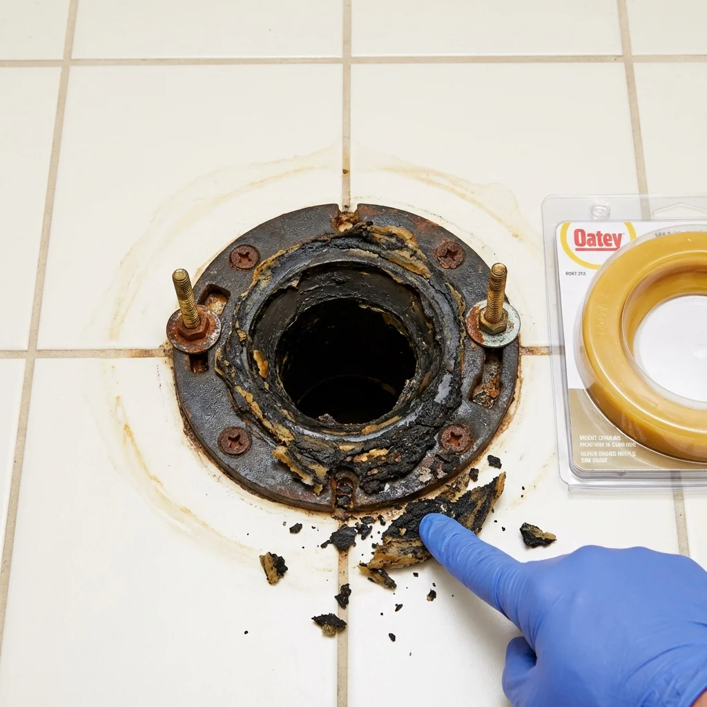 Failed wax ring showing water seepage at the base of a toilet in a Lockeford, CA home